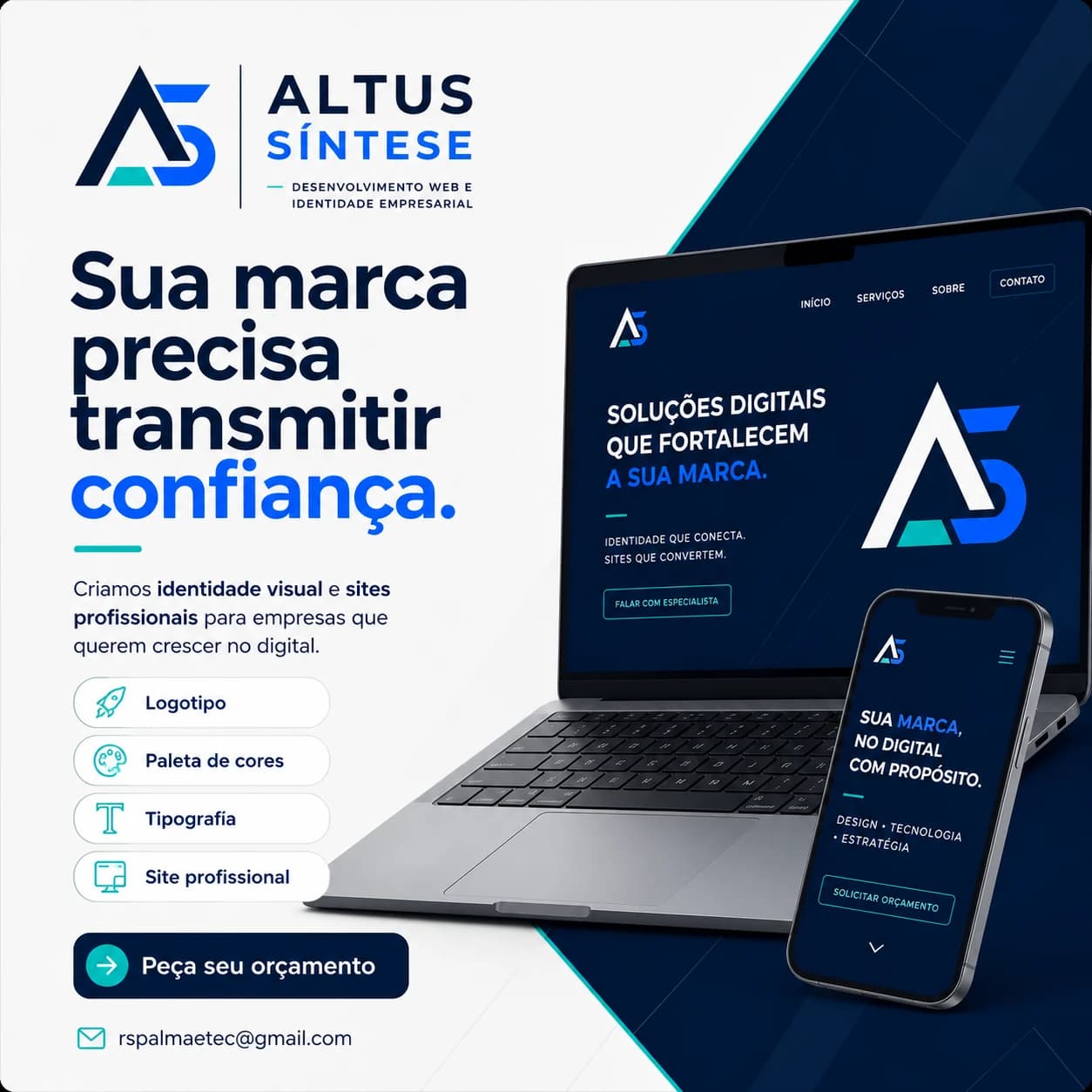Peça de identidade visual da Altus Síntese aplicada em notebook e celular